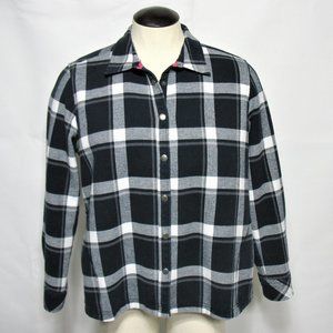 Women's Orvis Plaid Flannel Jacket Fleece Lining Button Snap Black White Sz 2XL